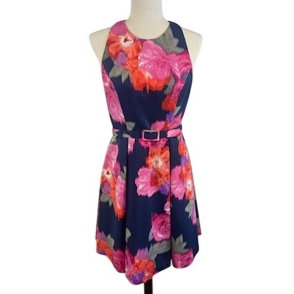 Eliza J Floral Print Fit & Flare Halter Dress Navy Pink Party Cocktail Size 6